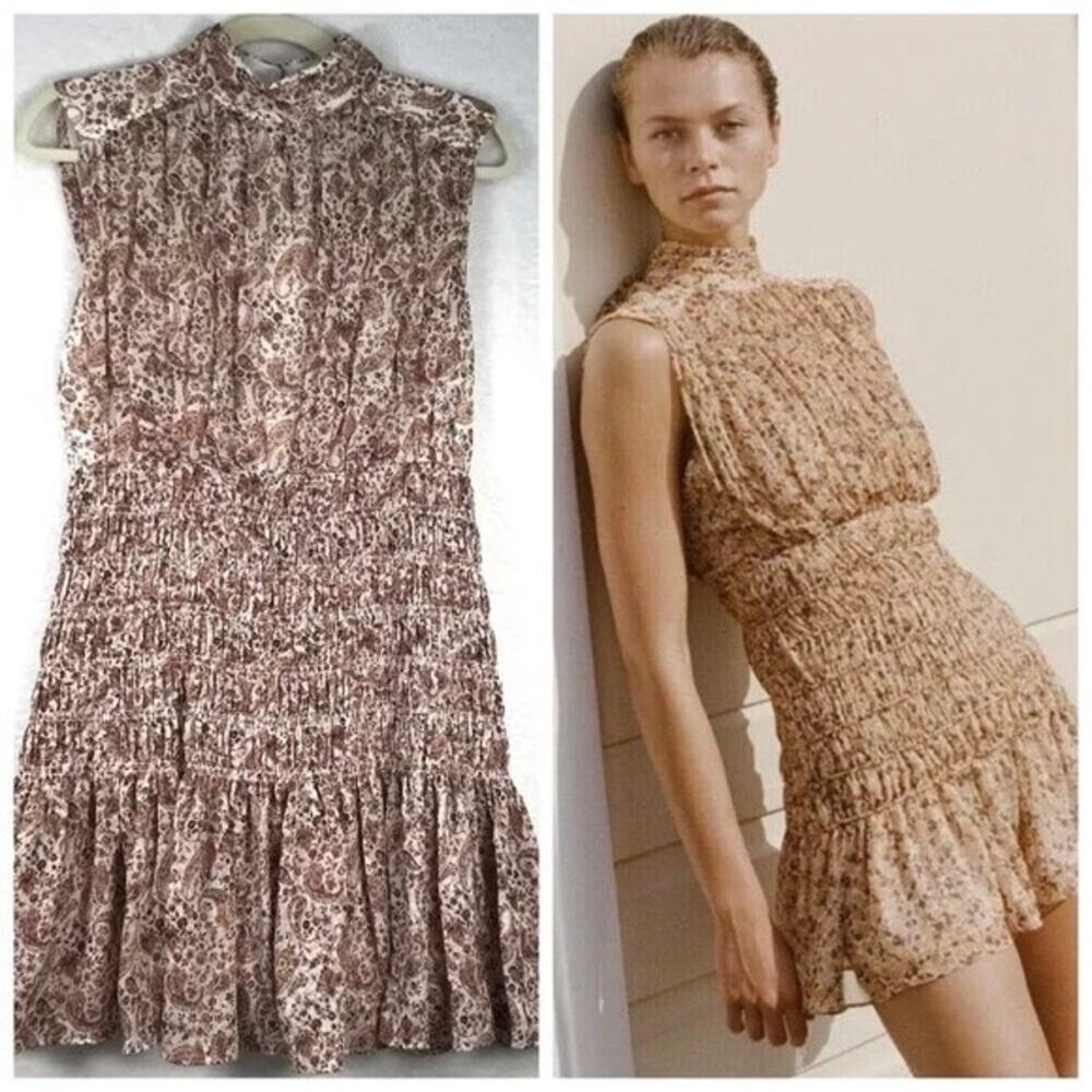 House of Harlow Smocked Dress Large Paisley Ruched Ruffle Cottage‎ Boho Coquette